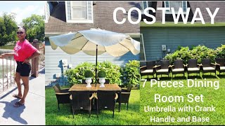 Costway Patio Set 7 Piece Dining Room Set Stackable Chairs and umbrella and Base summer decor