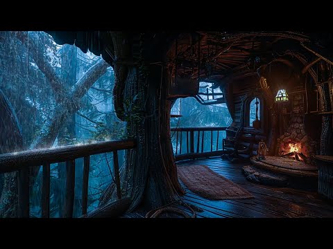 Sitting in a Treehouse During Heavy Rain: Quiet the Mind, Ease Tension with Fireplace & Rain Sounds