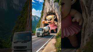 Evolution from a giant panda chasing a mixer truck to an angry Ballerina Cappuccina on a cliff road