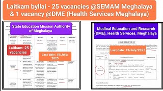 Laitkam byllai - 25 vacancies @SEMAM Meghalaya & 1 vacancy @DME (Health Services) Meghalaya 