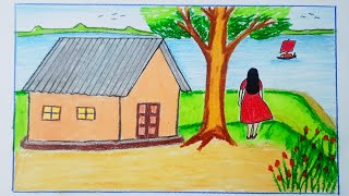 A Peaceful Village Life Drawing || Girl Watching Boat || Easy Oil Pastel Art || village scenery |
