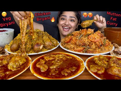 SPICY MUTTON FAT CURRY WITH CHICKEN DRUMSTICK BIRYANI AND PANEER VEGETABLE BIRYANI | ASMR MUKBANG