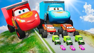 Big & Small Lightning McQueen Monster Wheels vs Pixar Cars with Big Wheels in BeamNG Drive!