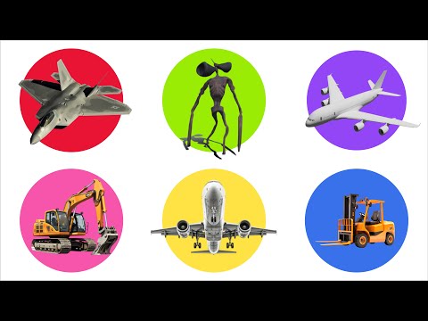 Types of aircraft:commercial aircraft, private jet, stealth jet F35, siren head, excavator, forklift