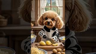 a cute dog in a kitchen, preparing potatoes.