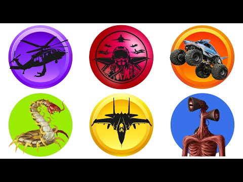Types of aircraft: fighter jet F14 tomcat, stealth jet F35b, police helicopter, siren head