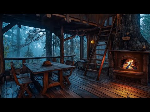Rainstorm on a Forest Cabin Porch: Crackling Bonfire & Distant Thunder | Deep Sleep & Stress Relief
