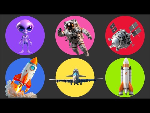 Types of aircraft: spaceship, space jet, space rocket, astronaut, alien thanos, space satellite