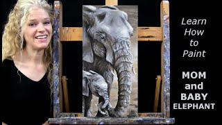 MOM AND BABY ELEPHANT-Learn How to Draw and Paint with Acrylics-Beginner Acrylic Painting Tutorial