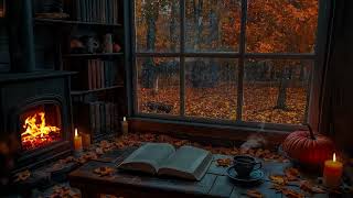 No Ads | Rainy Autumn Reading Nook ASMR with Fireplace, Candle & Coffee Sounds for Sleep 🍂