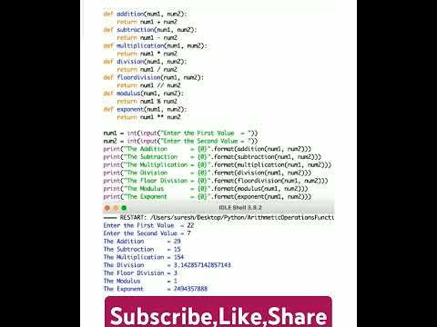 Python Program to calculate arithmetic calculations using Functions #youtubeshorts #yt #ytshorts #yt