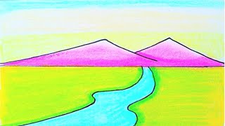 How to Draw Beautiful Sunset in the Beach | Easy Sunset Scenery Drawing