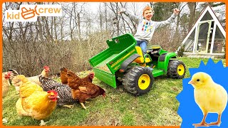 Raising baby chicks for eggs with kids ride on John Deere Gator farm truck. Educational | Kid Crew