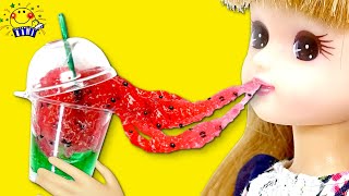 【スイカスライム🍉ジュース】リカちゃんと手作りお店屋さんごっこをしよう❤︎