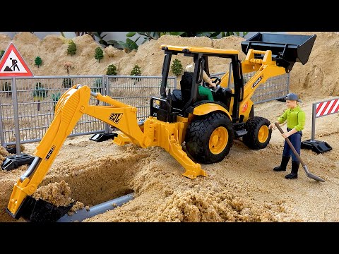 水管施工挖掘機和動物運載拖拉機| 工程車輛、建造房屋、建造橋樑和道路| 尋找警車的有趣故事| 警車救援起重機 | BIBO 和玩具