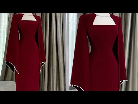 How To Cut And Sew This Beautiful Dress With Stylish Beaded Sleeves And Neckline|| #sewingtutorial