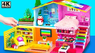 Rainbow Miniature House 🌈✨ Cute DIY Cardboard Villa with Penguin & Cozy Bedroom