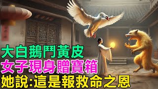 民間故事：大白鵝夜鬥黃皮，女子現身贈寶箱，她說：這是報救命之恩