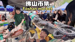 佛山传统大市集！一个十分多野味的市场￼！鳄鱼现杀现卖！￼大蛇现场剥皮售卖！￼蝎子￼价格有点贵！红烧狗肉十分诱人！老鼠也成了美食！各种乌龟水鱼很受本地人喜爱！水果价格便宜！还有￼鸡鸭鹅活禽跟猫狗售卖！￼