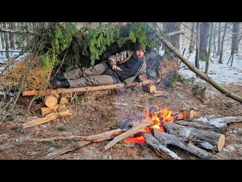 Surviving a Bitter Cold Night in the Wilderness (3°F) No Tent or Sleeping Bag in a Primitive Shelter