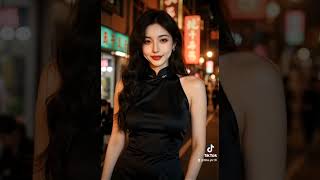 黒チャイナドレス×ネオン街＝最強の色気。#チャイナドレス #夜景ポートレート #港風美女 #ネオン女子 #黒ドレスコーデ #AI美女 #おすすめに出たい