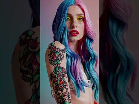 Scene features native American young woman with pastel rose and blue hair cascading her shoulders