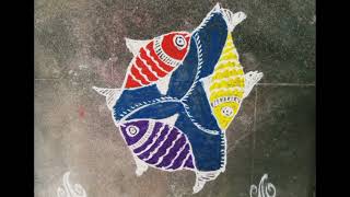 3×2 dots beautiful and easy colour three fish kolam. meen kolam