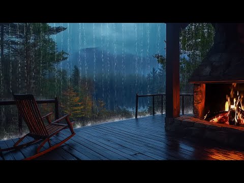 Rain & Fireplace Sounds on Cabin Porch with Gentle Wind | Rainy night Farm Scene helps Sleep Deeply