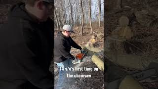 14 y/o's first time using the chainsaw | #workinghardorhardlyworking