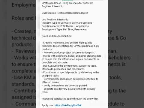 JP Morgan hiring for freshers for Software Engineer INTERNSHIP works with Engineer,SMEs,Stakeholders