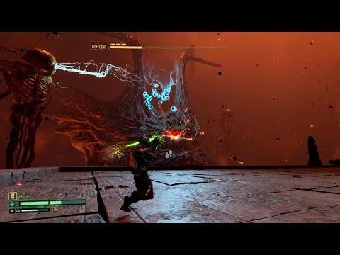 Returnal Biome 3 boss fight, Nemesis, with rotgland lobber