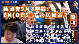 7月22日【每週移民快訊】英國會9月8辯論 BN(O) 5+1 永居權益？加拿大青年失業率高企？360份求職信全吃「閉門羹」？小紅書瘋傳內地來香港生仔攻略「搶永居」？