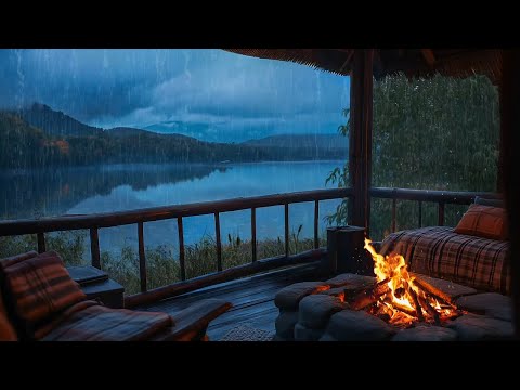 Sitting on a Porch by the Lake While It Rains ⛈️| Fire Crackling & Rain to Calm the Mind & Focus