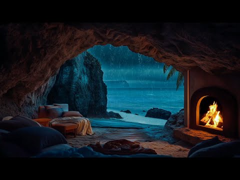 Hidden in a Seaside Cave 🌊| Heavy Rain, Crackling Fire & Ocean Waves for Deep Relaxation and Sleep