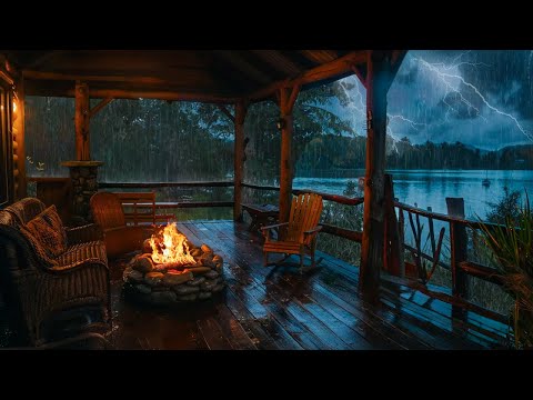 Campfire on the Cabin Porch & Thunderstorm Rain | Heavy Rain, Bonfire Sounds To Helps Reduce Stress