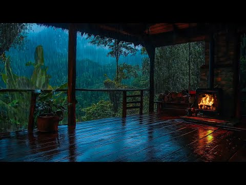 Rainy Forest Cabin Ambience | Cozy Fireplace & Peaceful Rain on Wooden Porch | Sitting on the Porch