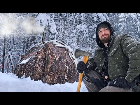 Snow Storm vs Hot Tent - Camping Alone Overnight in the Wild with Morels, Grilled Cheese & more