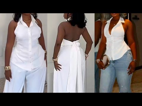 DIY : How To Cut And Sew This Halter Neck Shirt With Open Back || How To Make A  Shirt