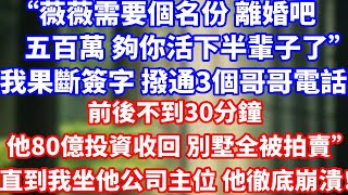 “薇薇需要個名份 離婚吧五百萬 夠你活下半輩子了”我果斷簽字 撥通3個哥哥的電話前後不到30分鐘 “他80億投資收回 別墅全被拍賣”直到我身坐他公司主位 他徹底崩潰！#正能量 #完結 #情感 #總裁