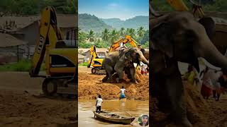 An elephant is pushing a JCB which is extracting sand from the river into the water #jcb