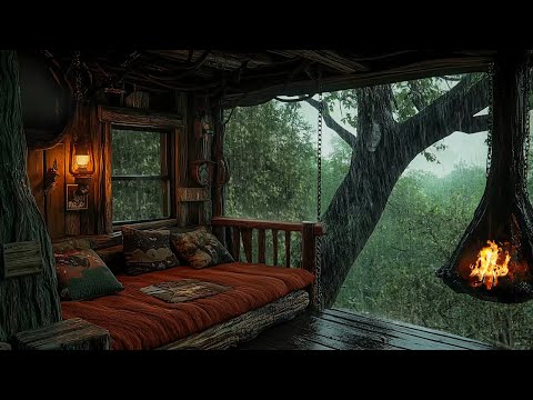 Hidden in a Cozy Treehouse Cabin in the Forest ⛈️| Summer Rain & Campfire Sounds for Deep Sleep