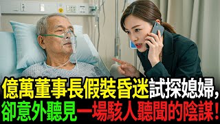 身為億萬富翁的董事長剛失去兒子，假裝昏迷來試探媳婦，卻聽見一場駭人聽聞的陰謀！#情感故事 #感人故事 #人生故事 #婆媳故事 #老年生活 #家庭故事 #故事
