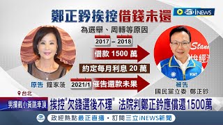 為選舉周轉？女名媛控鄭正鈐欠"1500萬"不還 挨控"欠錢選後不理" 法院判鄭正鈐應償還1500萬｜記者 朱淑君 李維庭｜【台灣要聞】20230703｜三立iNEWS