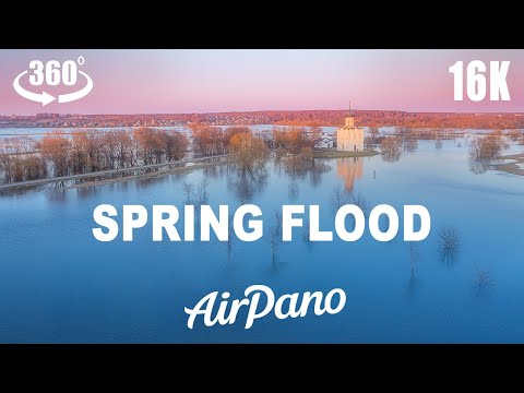 Church of the Intercession on the River Nerl in spring flood. Aerial 360 video in 16K