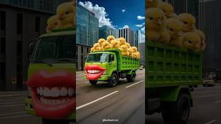Evolution of a cheerful flower-carrying truck into a dump truck carrying chicks