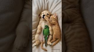 A Puppy, Kitten, and Parrot Sleep Together Like a Real Family