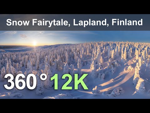 Snowy Fairytale. Lapland, Finland. Aerial 360 video in 12K