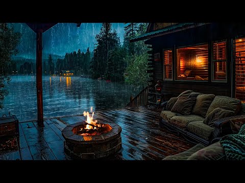Rainy Lakeside Porch with Crackling Fire 🔥😴 Rain Night Sound for Sleeping, Relaxing, Study