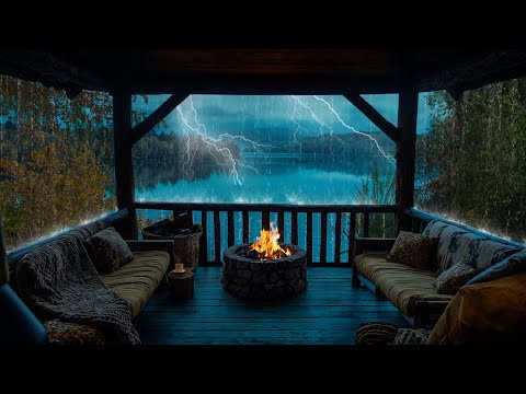Sitting on the Porch on an Autumn Night with Heavy Rain and Thunder | Ultimate Stress Relief