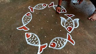 Vaigasi madham fish kolam|easy fish muggulu|7*4 dots Begginers rangoli|simple Super rangoli